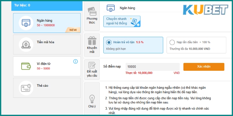 Gửi vốn vào tài khoản KUBET thông qua giao dịch ngân hàng